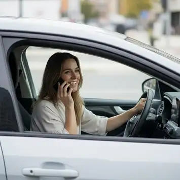 Mujer sentada en un auto hablando por teléfono con Grúas del Norte